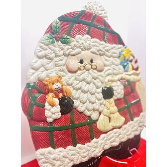 Vintage Jay Import Santa Cookie Platter Ceramic Christmas Tray 16” Plaid - Picture 2 of 14